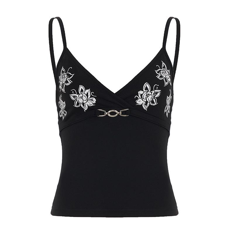 

Vintage V-Neck Waist-Cinched Strappy Slimming Top with Metal Accents Medium чёрный