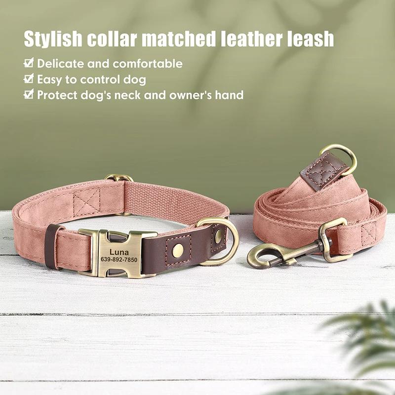 Personalized Leather Dog Collar and Leash Set Custom Engraved Nameplate ID Tag for Small Medium Large Dogs