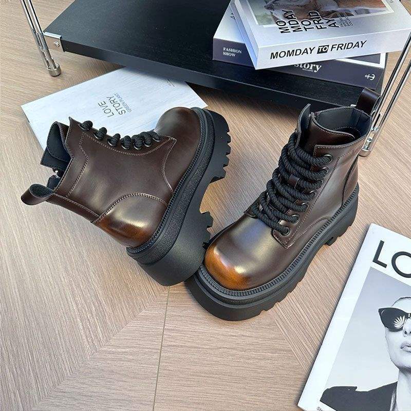 Thin Martin Boots Women's British Style 2025 Autumn and Winter New Thick-soled Heightening Single Boots High-top Versatile Short Boots Casual