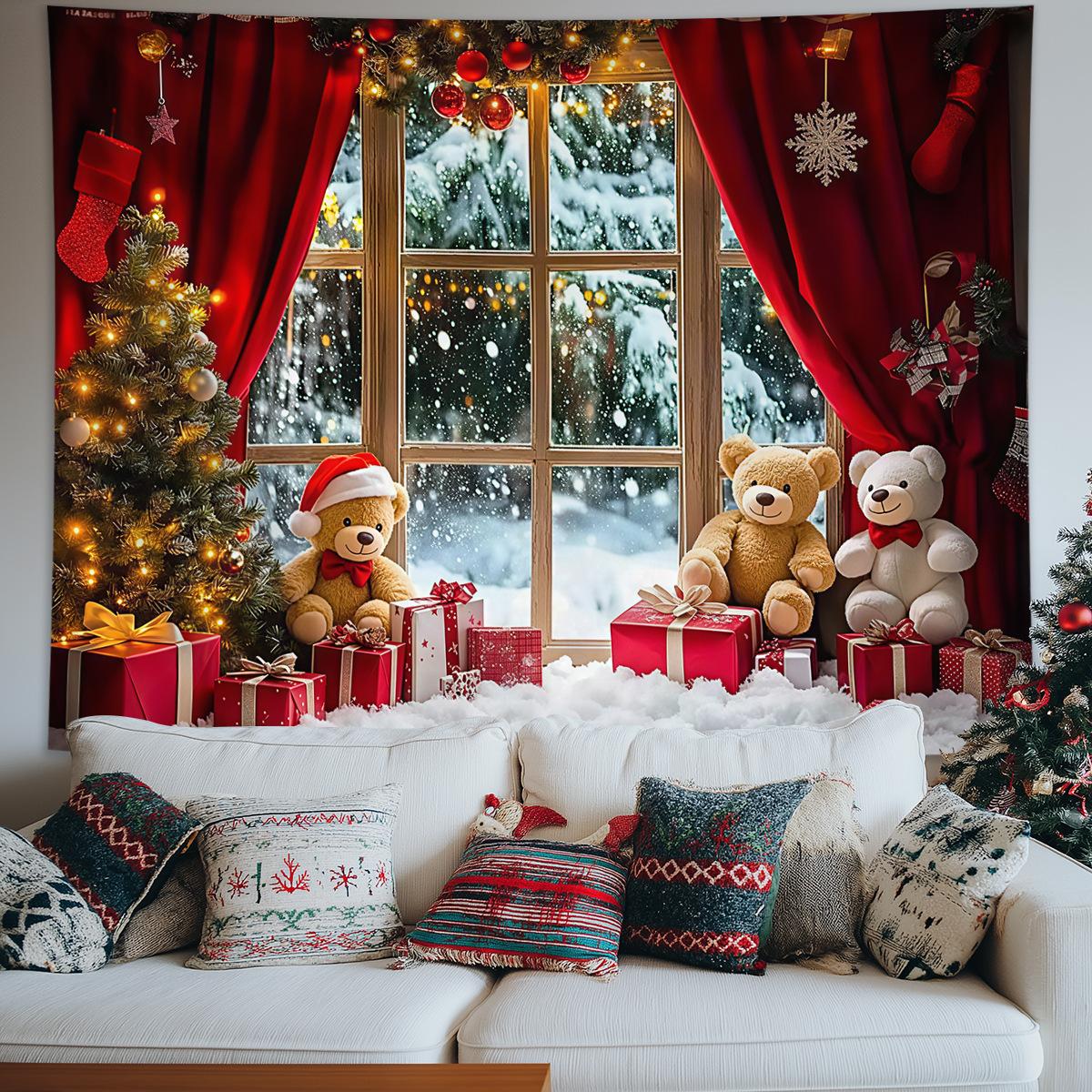 Christmas Tapestry Fairy Lights Christmas Tree Snowy Window Scene Red Curtains Christmas Event Backdrop Background Cloth Brushed fabric 95x75cm