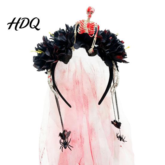 Horror Theme Party Decorations Gothic Flower Headband with Veil Spooky Black Rose Dead Branch Skull Headpiece Masquerade Accessories Day of
