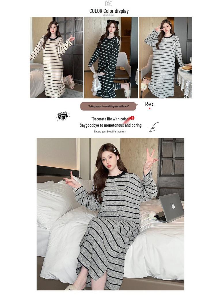 Women's Yarn-Dyed Stripe Cashmere Pajamas - Long-Sleeved Loose Nightdress for Autumn/Winter