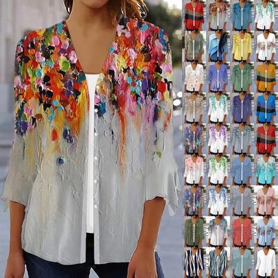 Camicetta da donna con stampa, manica a 3/4, casual, per le feste, di base, con bottoni
