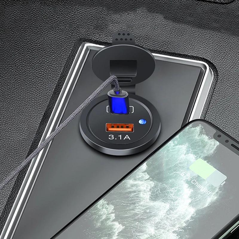 PD 3.1A Dual USB Charger with LED Light Motorcycle Car Charger Power Socket Cigarette Lighter Waterproof for Car Truck ATV Boat