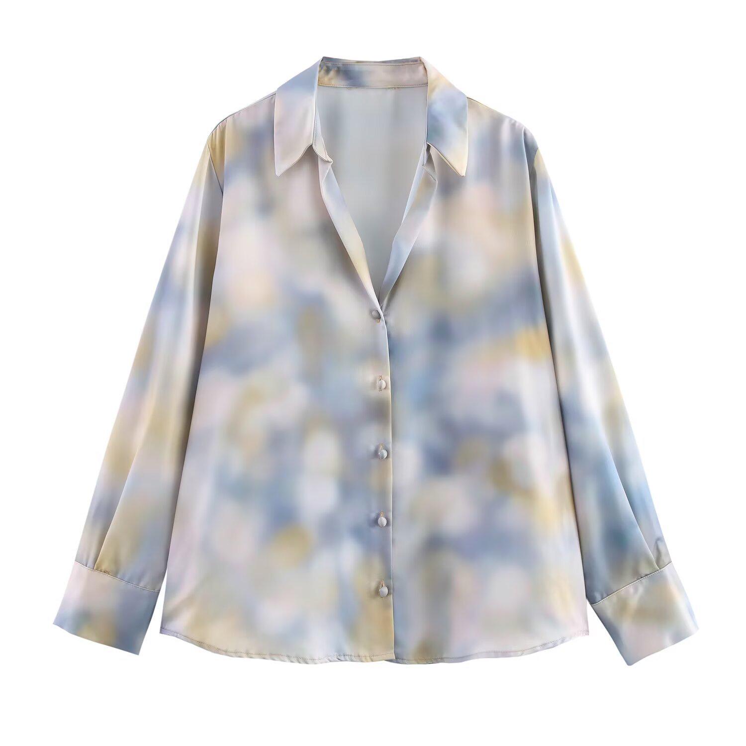 

Текстурированная рубашка из шелкового сатина с длинным рукавом в стиле тай-дай - Европейский и американский стиль, Женская новинка, Весна 2025 Полиэстер Medium