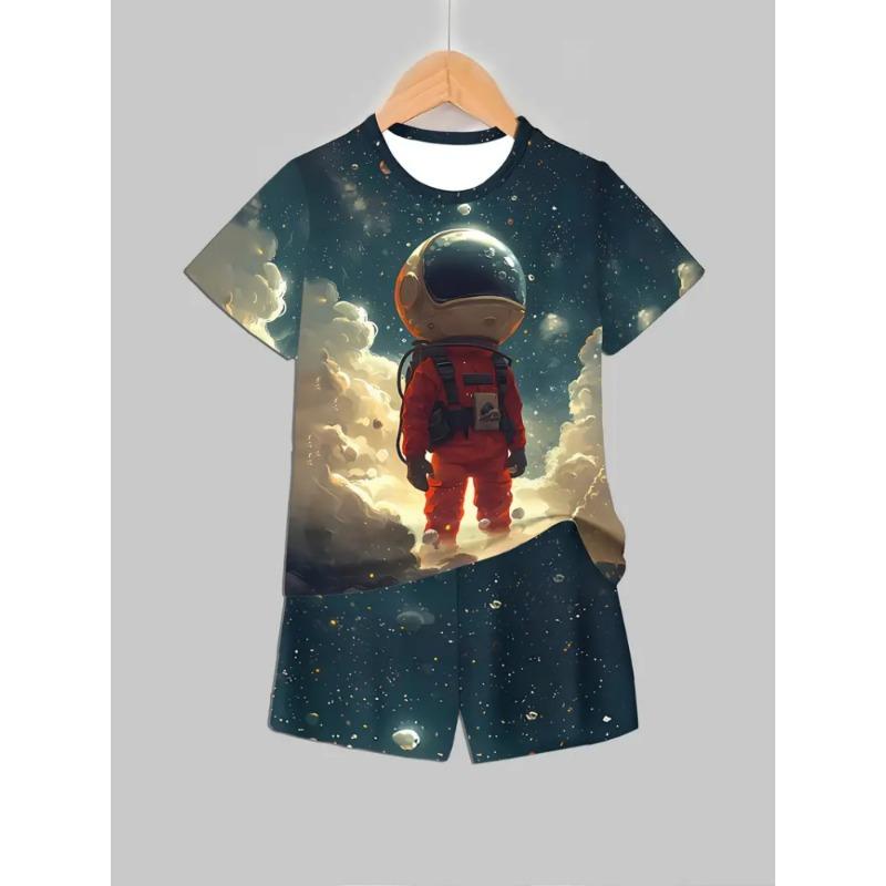 Children's set, summer short sleeved cool 3D astronaut print set, girls' sportswear cute set