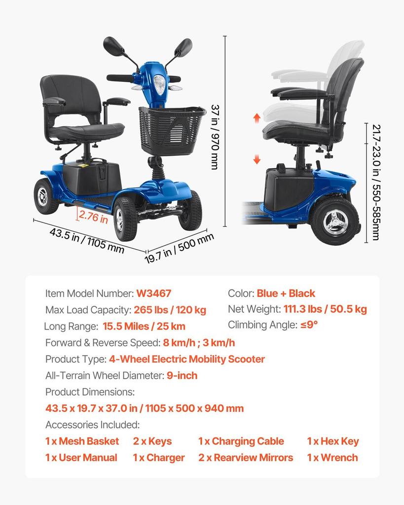4-Wheel Folding Mobility Scooter for Adults & Seniors, Electric Mobility Scooter with 25KM Long Range, All Terrain Travel Wheelchair with Anti-slip