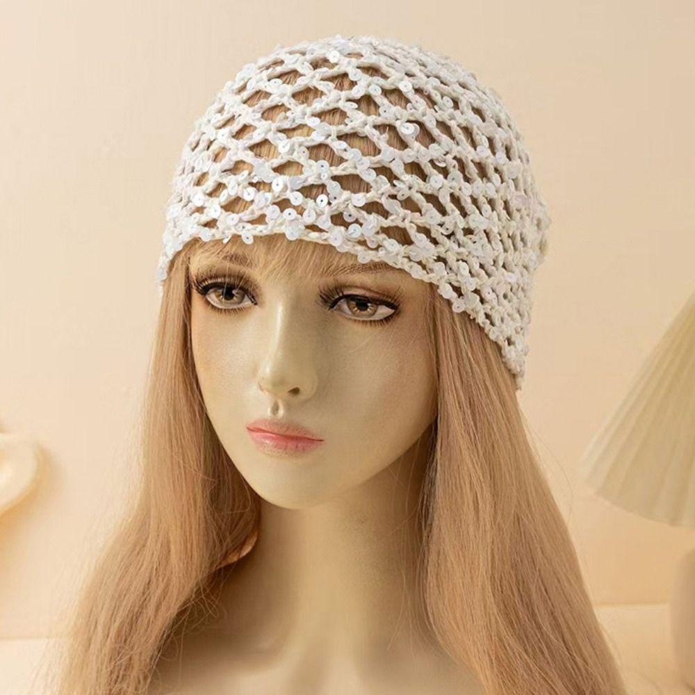 Dünne Häkel-Paillettenmütze Elegante Bohème-Mützen Lässige Strickmütze Bekleidungszubehör