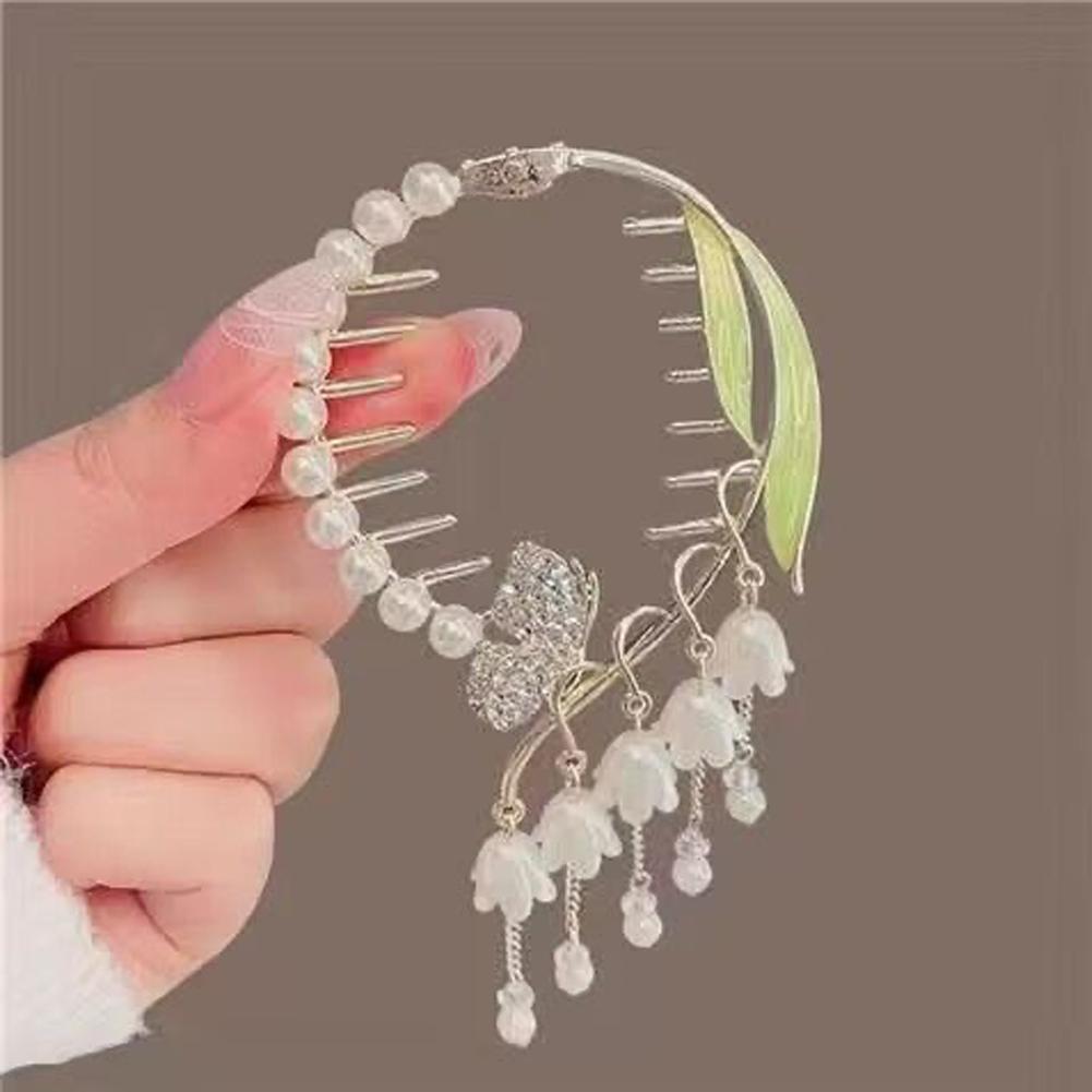 Elegant Tassel Hair Claw Rhinestone Pearl Flower Tassels Hair Clip Women Girl Ponytail Holder Hairpins Fringe Hair Accessories