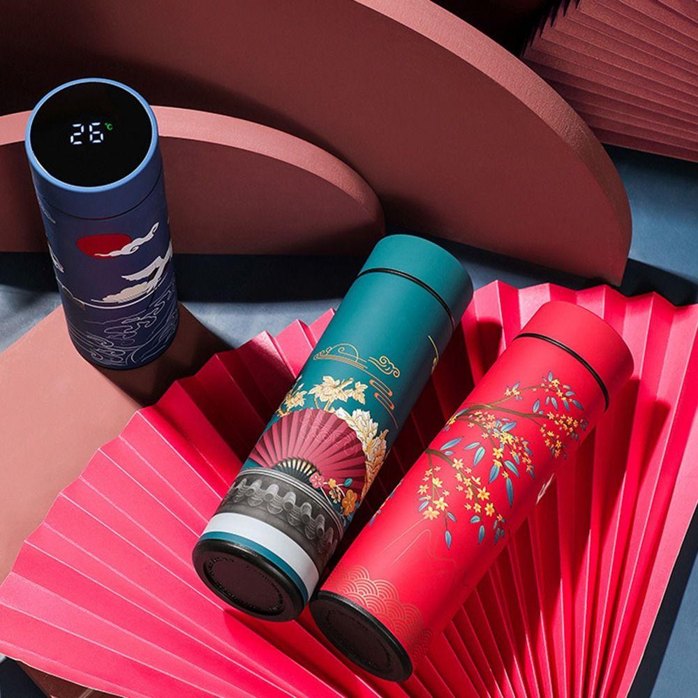 Display Dubbellager med lock Kinesisk stil kaffeglas Vattenflaska Vakuumflaska termoskopp