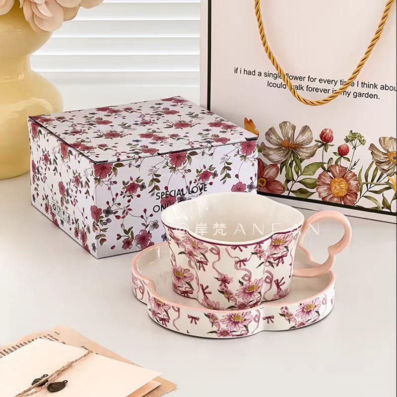 Girly Style Pink Tender Coffee Cup And Saucer Set Ceramic Water Cup Ins Afternoon Tea High Value Cute Light Luxury Cup And Saucer
