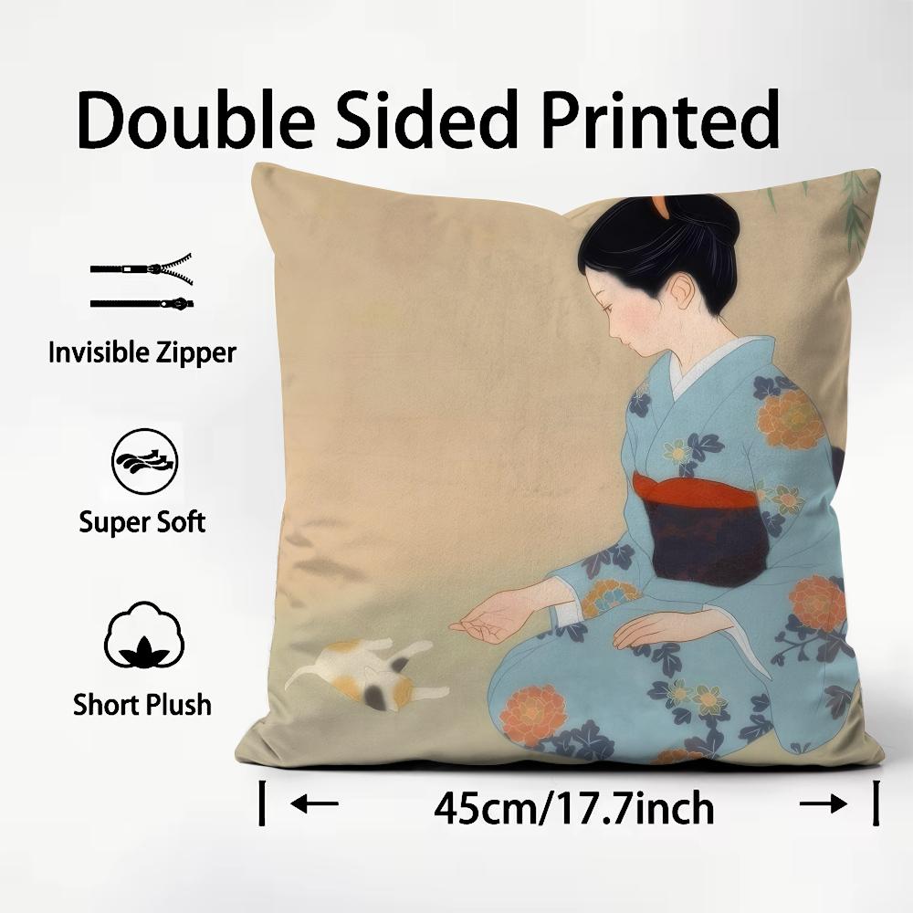 Kimono Girl Japanese Style Cushion Cover Plush Fabric Soft DoubleSided Printed Sofa Warm Winter Home Child Gift Pillow Case