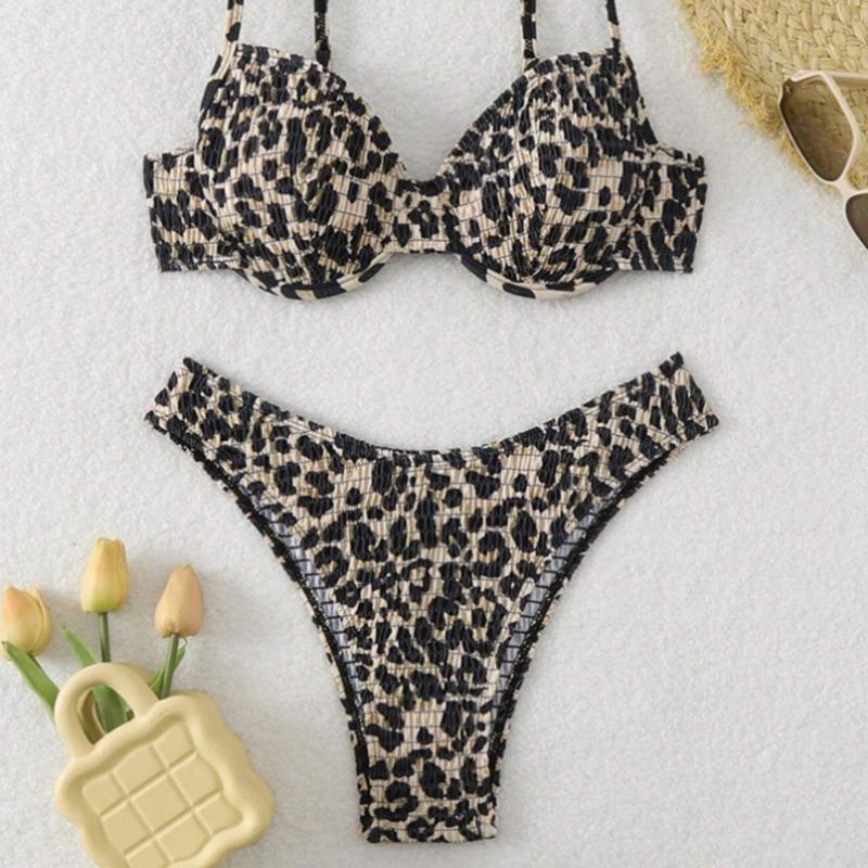 Neon Pink Black Leopard Print Smocked Two Piece Bathing Suit