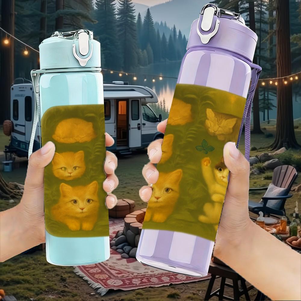 1PC Three Kittens Square Frame Art 750ml Color Plastic Sports Water Bottle Leakproof Flip Straw Lid Suitable for Sports Office Home Use