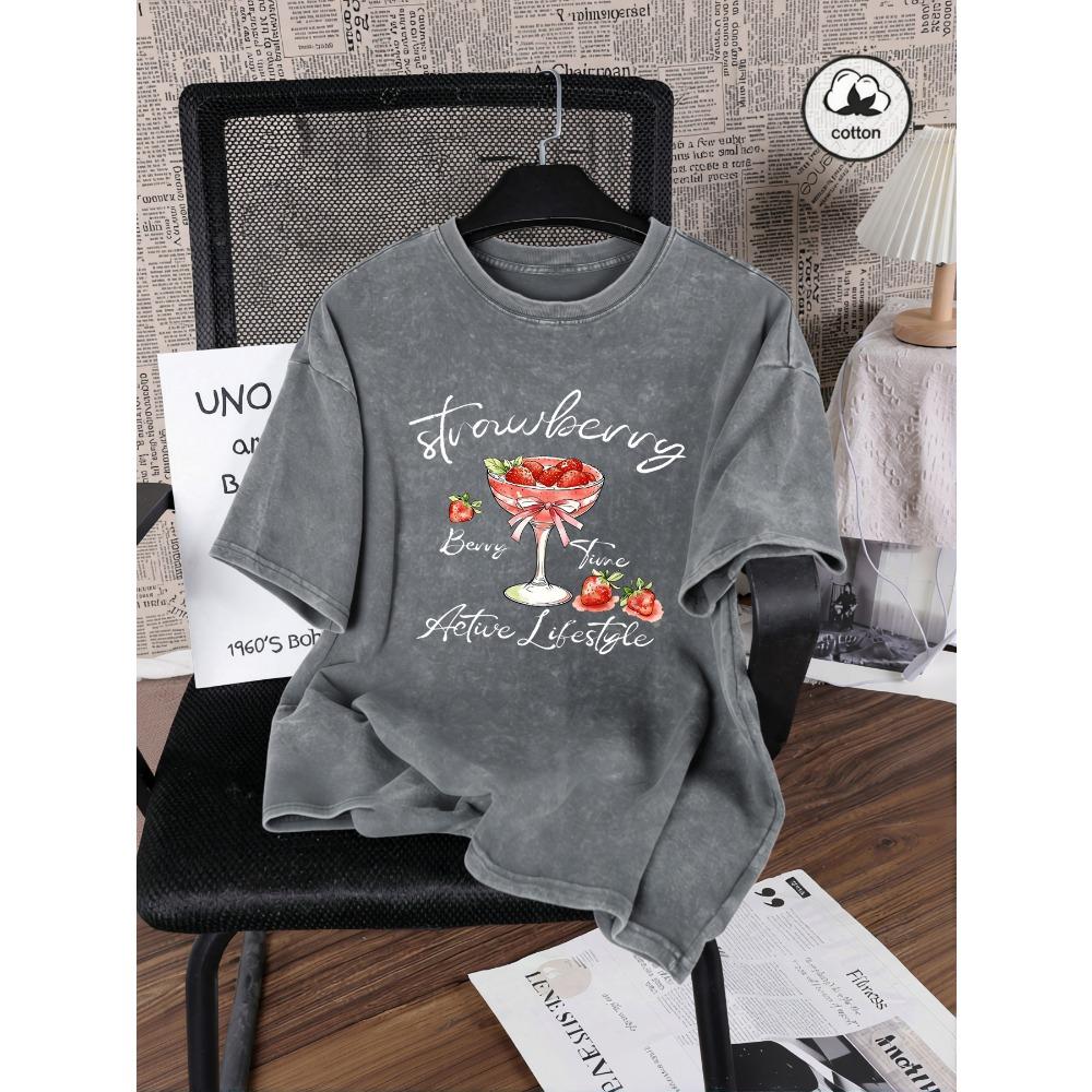 Delicious Strawberry Shake Print Women Washed T Shirts Hip Hop Summer T-Shirt Loose Short Sleeves Cotton Streetwear