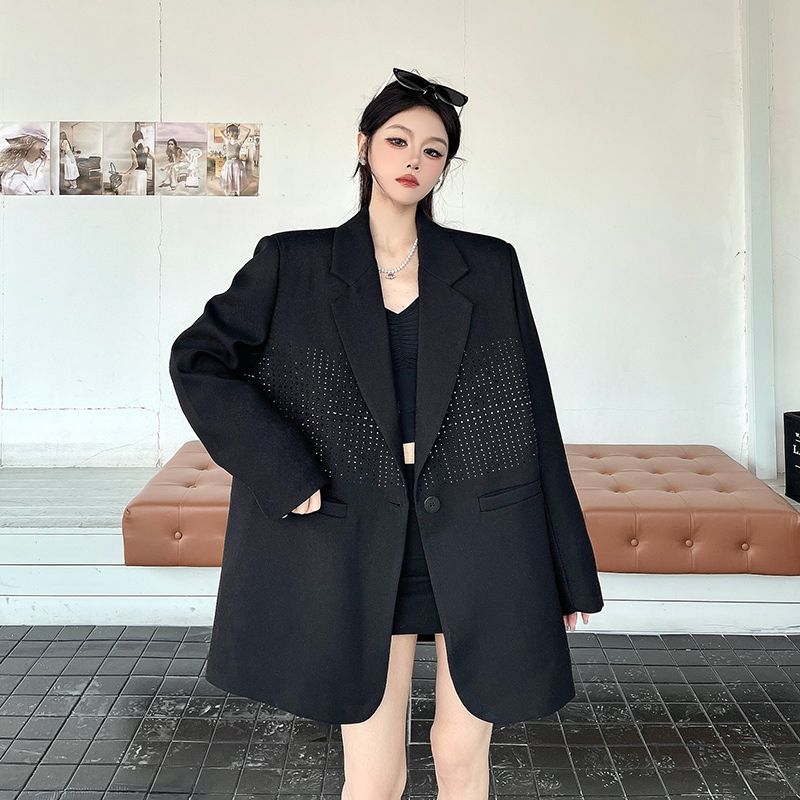 Spring Autumn High Sense Black Blazer Women Light Luxury Rhinestone Niche Design Padded Shoulder Oversized Trendy Fashion Coat
