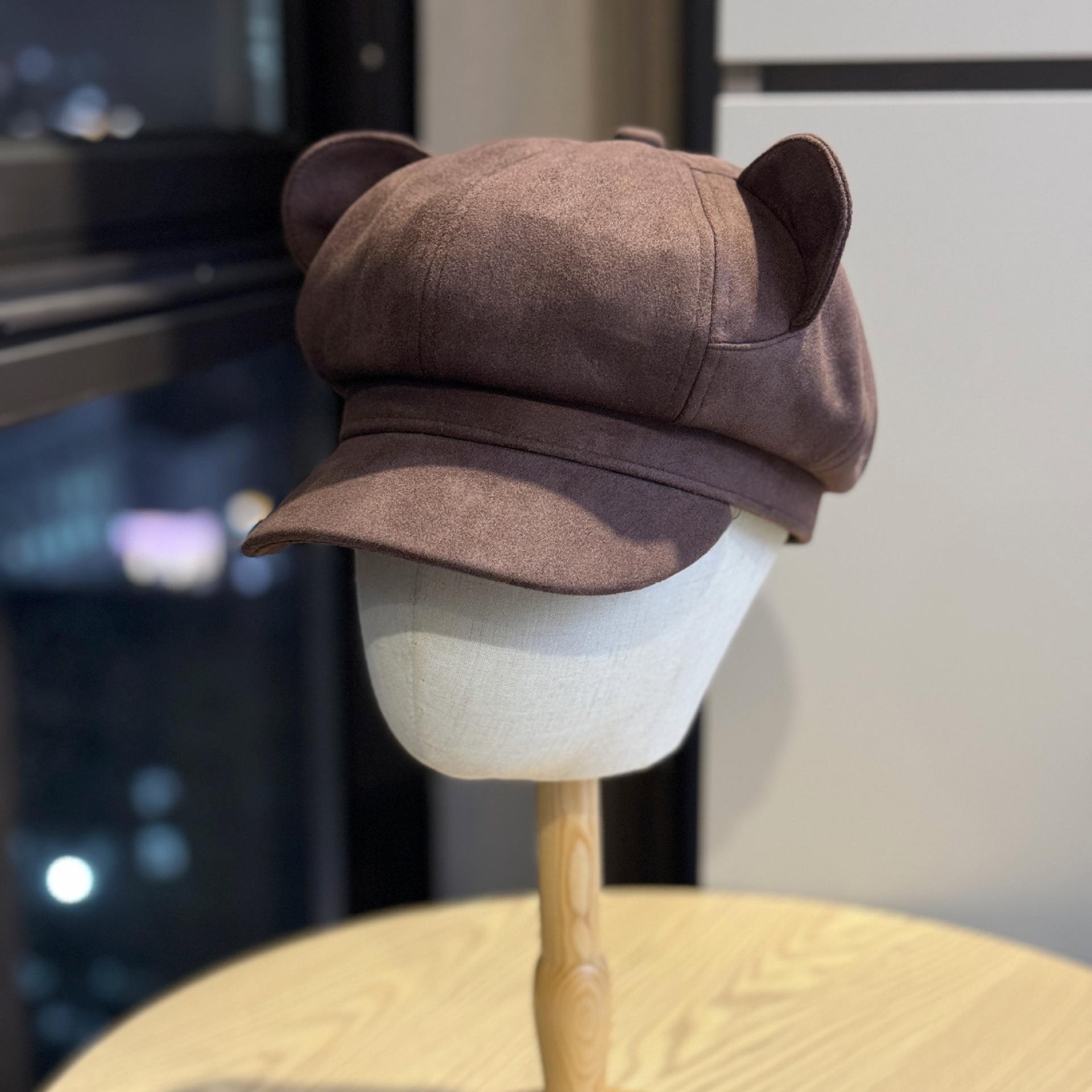 

New autumn and winter flocked fabric cat ear octagonal hat for women, sweet and unique, makes the face look smaller, versatile duckbill artist hat Adult54-60Adjustable глибокий кавового кольору
