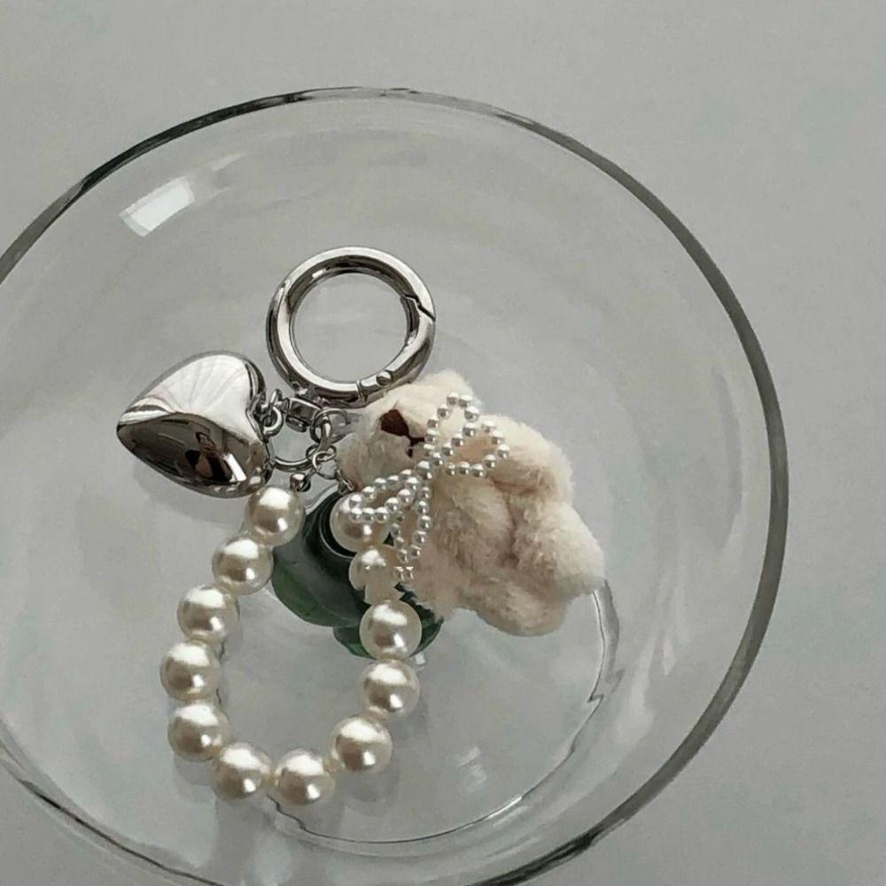 Fashion Sweet Fluffy Plush Bear Keychain Bag Accessories Heart Keyring Pearl Bowknot Doll Pendant Couples Keychain Gifts
