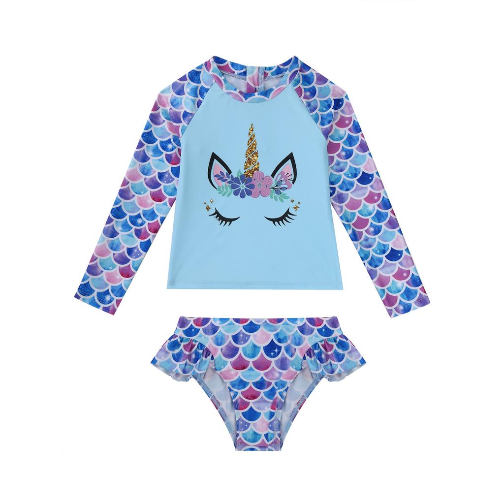 2-teiliges Kinder-Badeanzug-Set für Mädchen mit Fischschuppen-Aufdruck, Strand-Outfits, Tops und Slips mit Cartoon-Pferd-Aufdruck, Strandbadebekleidung, Badeanzüge