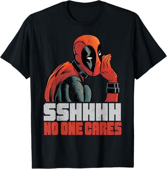 Deadpool Mens T-shirt Sshhhh No One Cares Talking Deadpool L