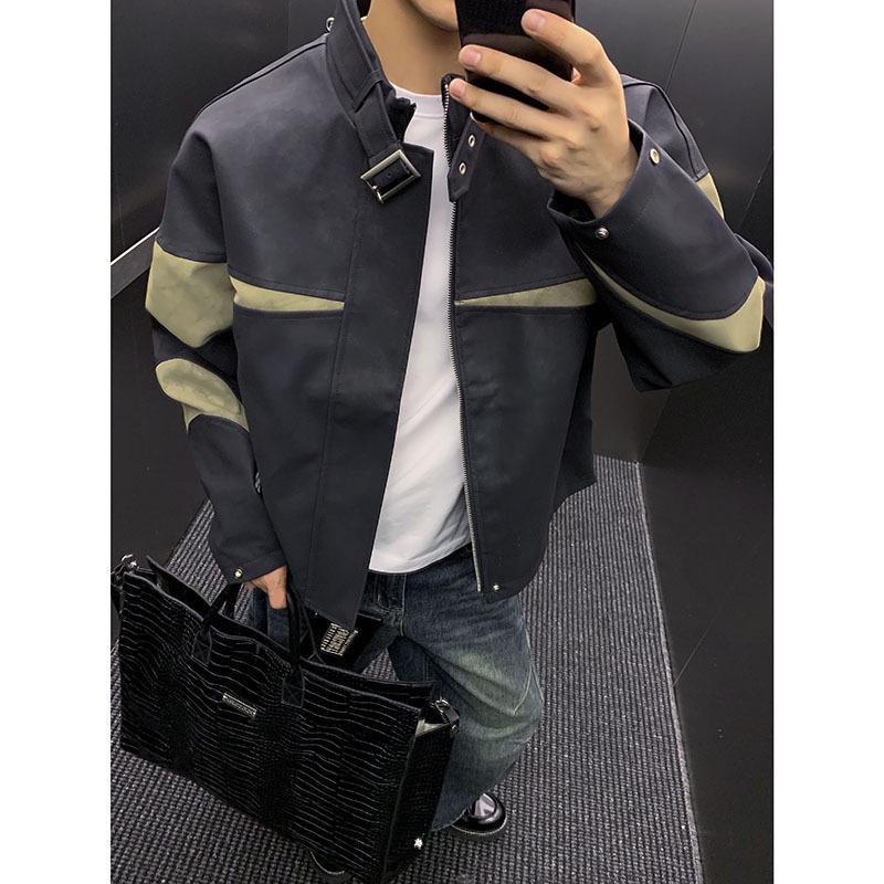 

Men s Retro Patchwork Leather Stand Collar Jacket 2XL чорний