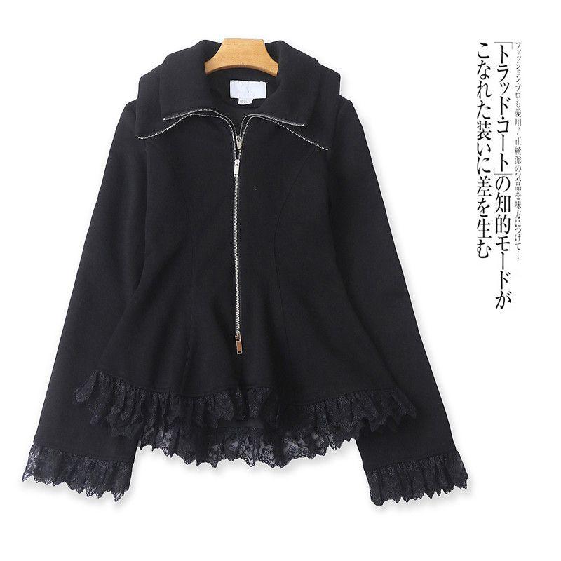 

Air Layer Preppy Outerwear Autumn New Foreign Trade Women Double Layer Lapel Zip-up Long sleeve Waist Hugging Embroidery Lace 32151 Black C- 6-11-1 M