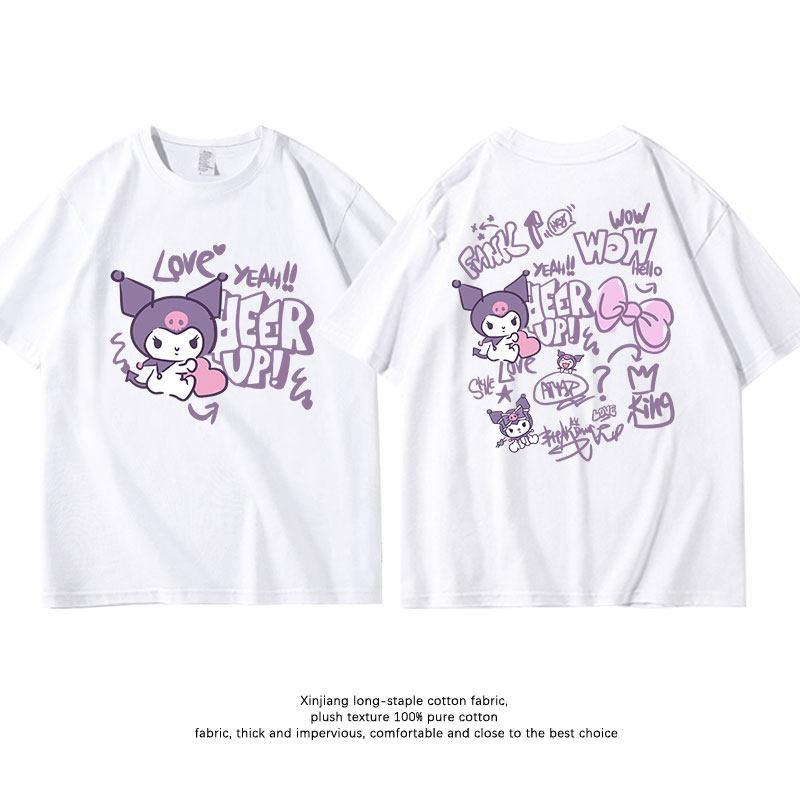 Summer New Sanrio Kuromi Pure Cotton Childrens Tshirt White Doublesided Printed Fashionable Round Neck Parentchild Tshirt