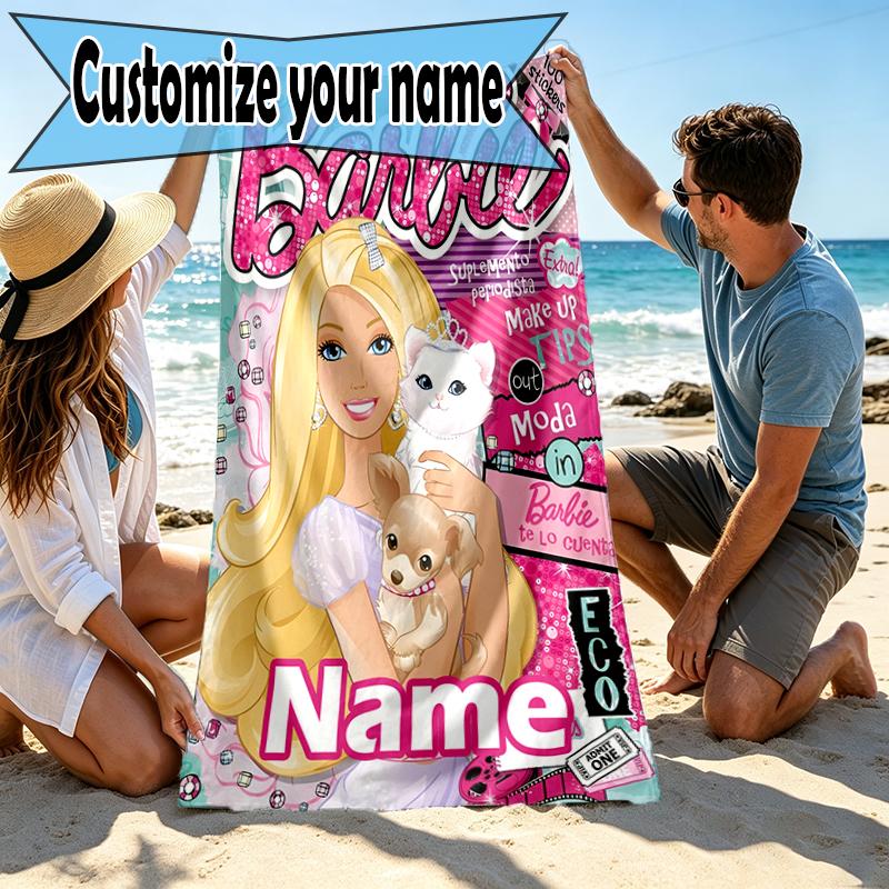 Custom Name Personalized Barbie Print Beach Towel, for Trip Camping Beach Party Home Decor, Birthday Gift for Family & Friends