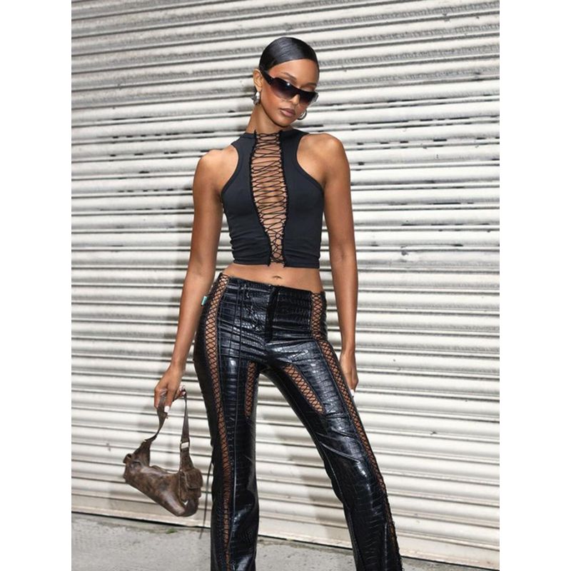 Cnyishi Street Sexy Sexy Chest Hollow out Strap Vest Stitching Lace Design Trendy Inner Wear Blouse