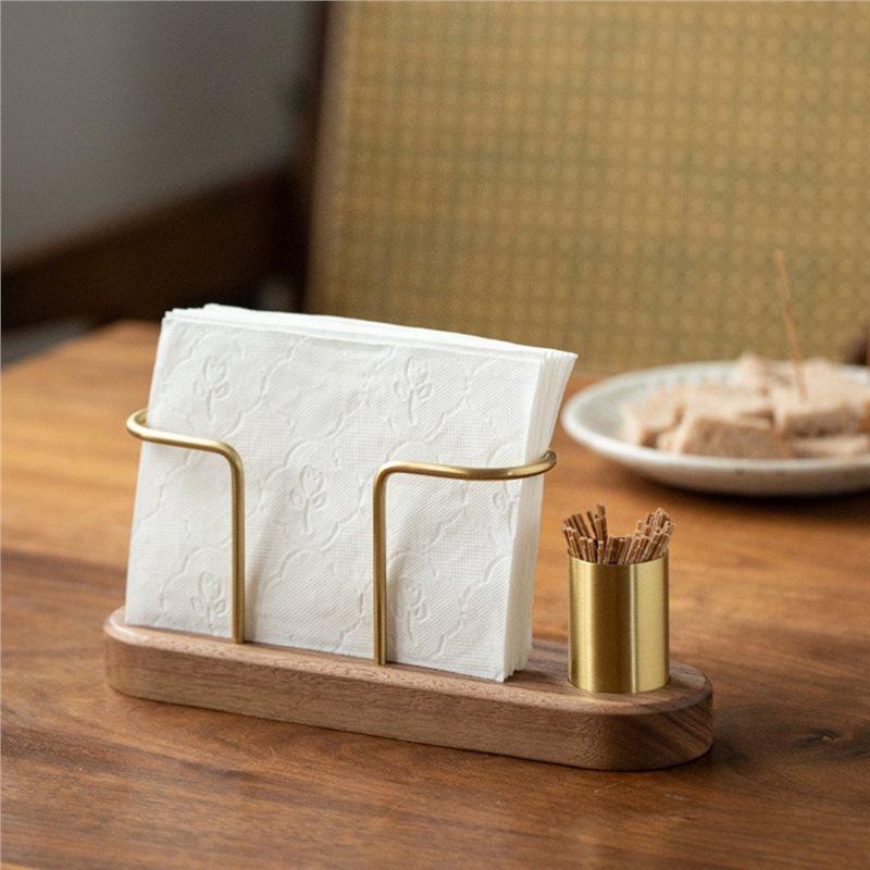 Tableware Wooden Tissue Paper Holder Metal Toothpick Holder Napkin Holder Tissue Box Storage Desktop Organizer