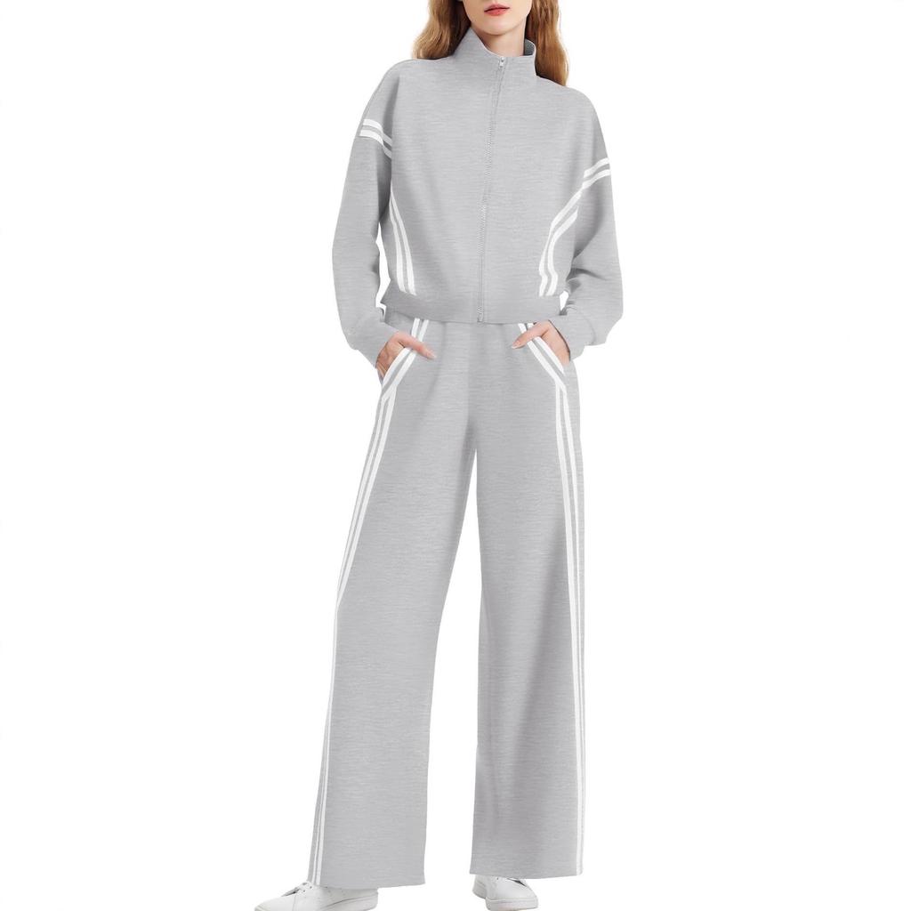 Jesienno-zimowy damski dres typu color block: Dwuczęściowy zestaw kurtki zapinanej na zamek i spodni z szerokimi nogawkami do noszenia na co dzień.