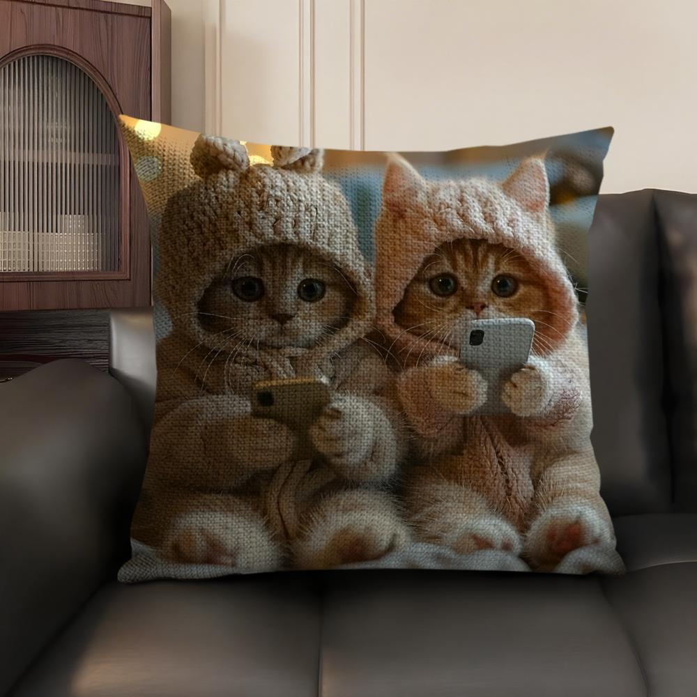 Cute Cat Holding Phone Cushion Cover Natural Linen Organic Fabric DoubleSided Printing Sofa Home Decor Gift Pillow Case
