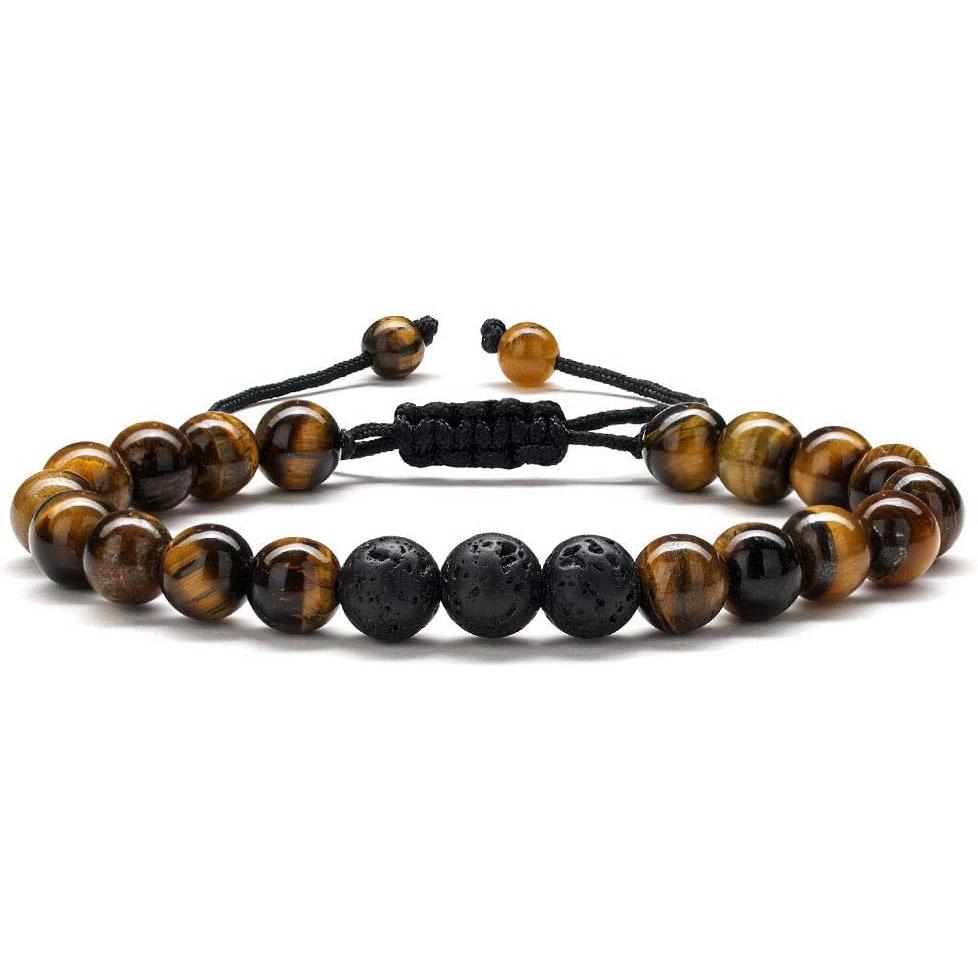 Pulseira Tecida Masculina Olho de Tigre e Pedra Vulcânica - Presente de Joia Feito à Mão, Contas de Ágata Negra de 8mm