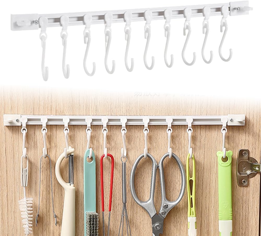 Multifunctional Slide Rail Hook,Kitchen Utensil Hanging Rack Wall Mounted Hanger,Space Saving Utensil Holder with 10 Hooks