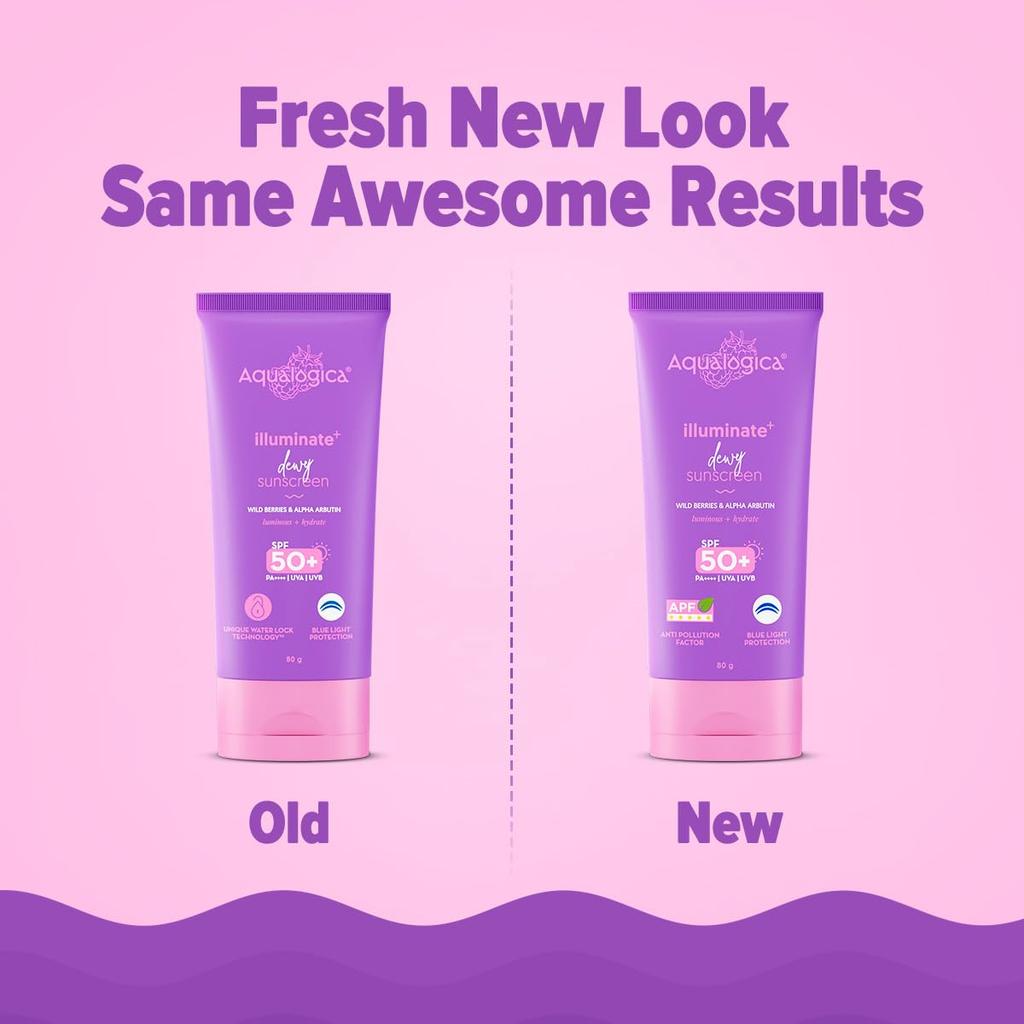 Aqualogica Illuminate+ Feuchtigkeitsspendendes Sonnenschutzmittel LSF 50+ PA++++ 80 g Packung 1 für strahlenden, ebenmäßigen Hauttonschutz