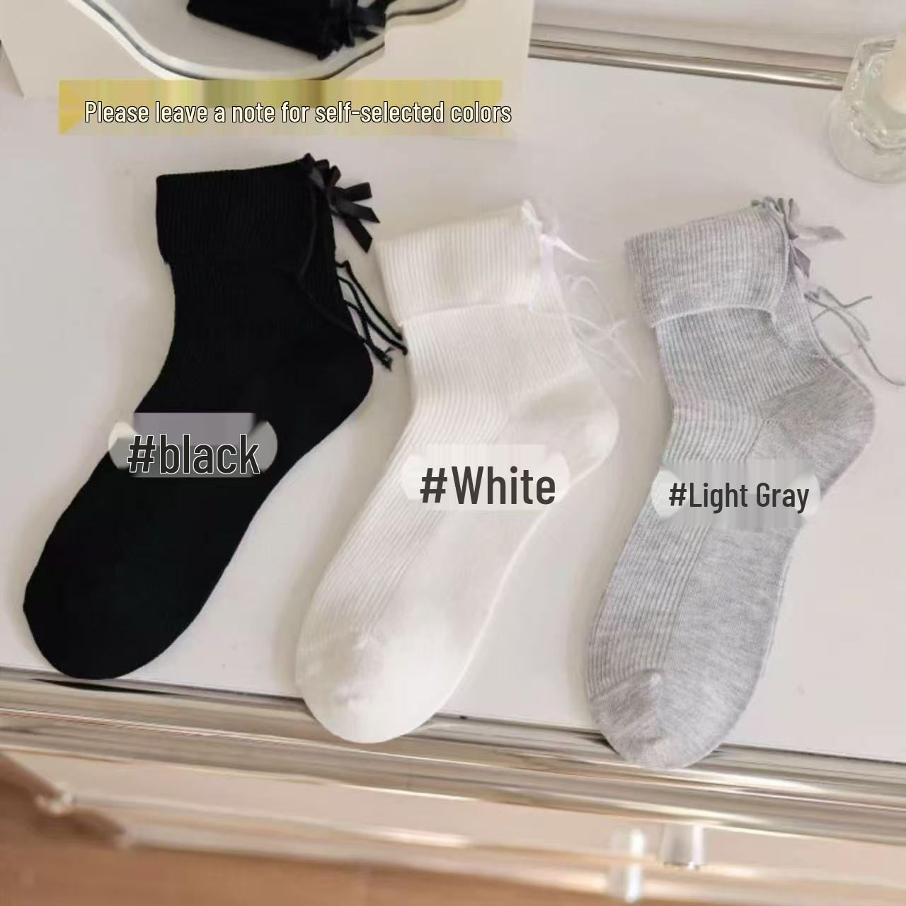 

Женские серые хлопковые гольфы до колена с манжетами и бантиками - корейский и японский девчачий стиль White [1 pair]