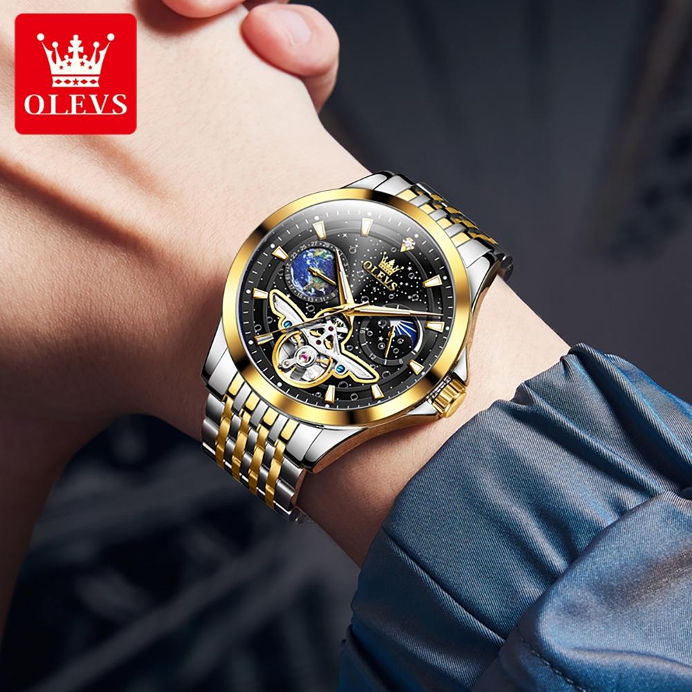 OLEVS 6705 Mens Mechanical Watch Luxury Original Flywheel Automatic Watch Waterproof Moon Phase Luminous Sports Watches