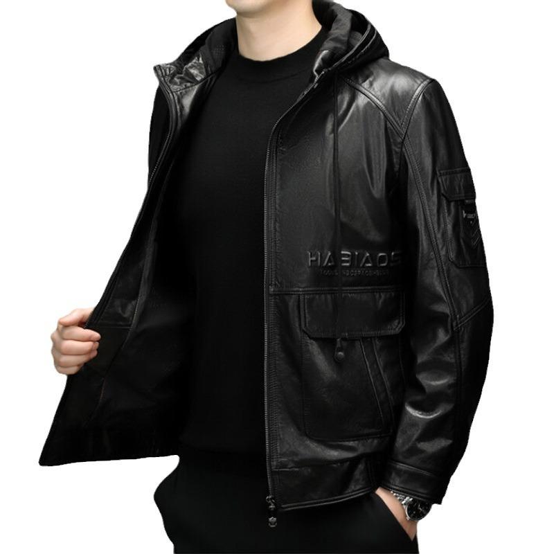 Autumn and winter new men's cowhide leather jacket fashion casual top hooded leather jacket trendy