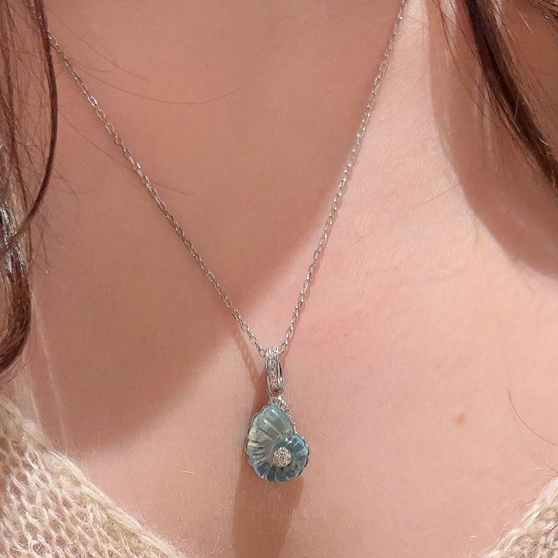 Fresh and Fashion Sea Blue Enamel Conch Pendant Inlay Diamonds Earrings for Women Exquisite Sparkling Collar Chain  Sets