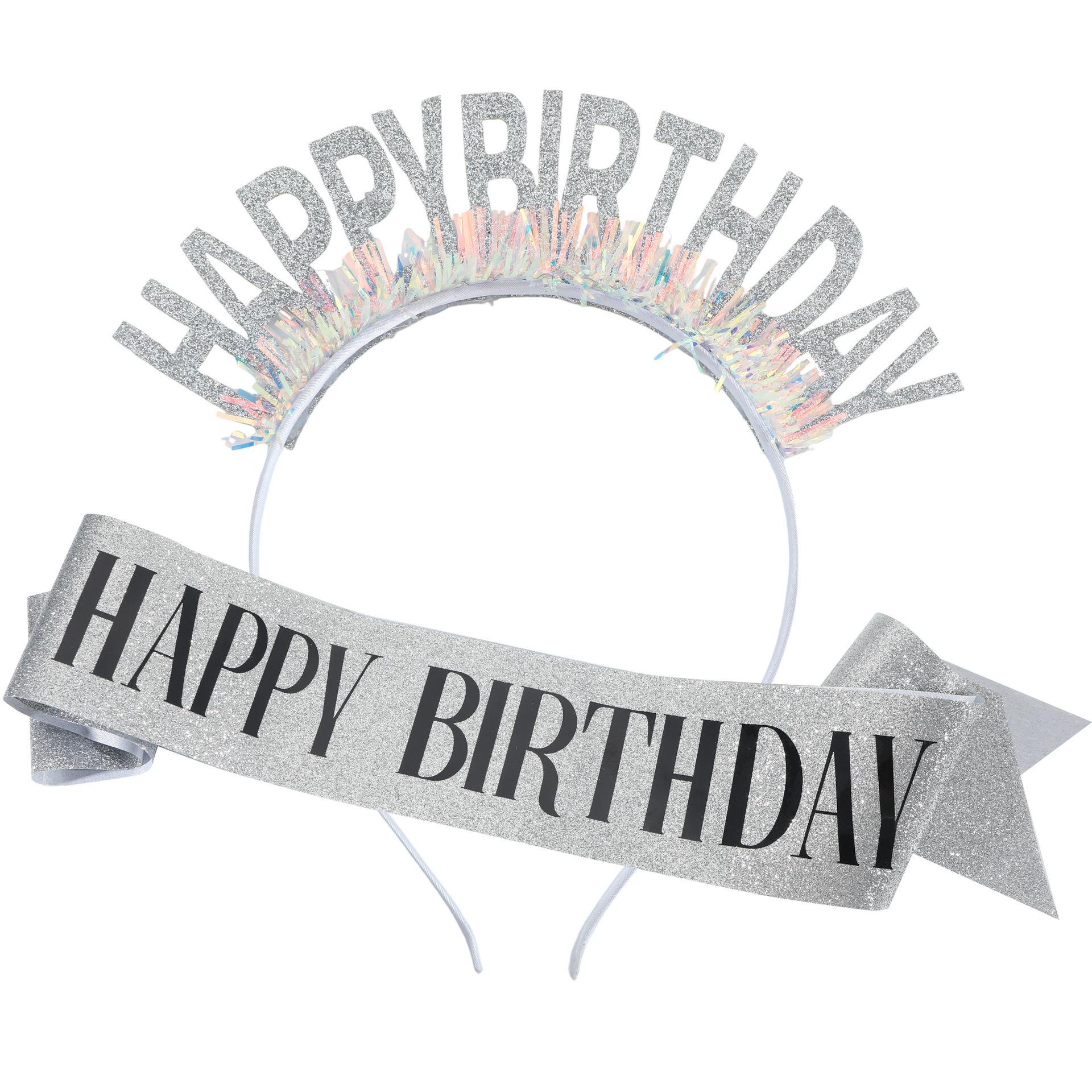 

Happy Birthday Glitter Headband Shoulder Strap Etiquette Belt Set Happy Birthday Headdress Hair Accessories Party Decoration