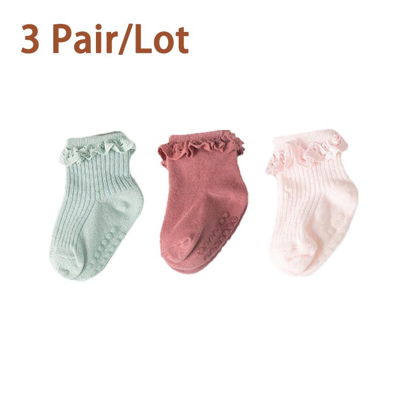 3/5 Paar/Los Neue Baby Kinder Rutschfeste Herbst Winter Baumwollsocken Einfarbig Baby Fußsocken Mädchen Atmungsaktive Rüschensocken