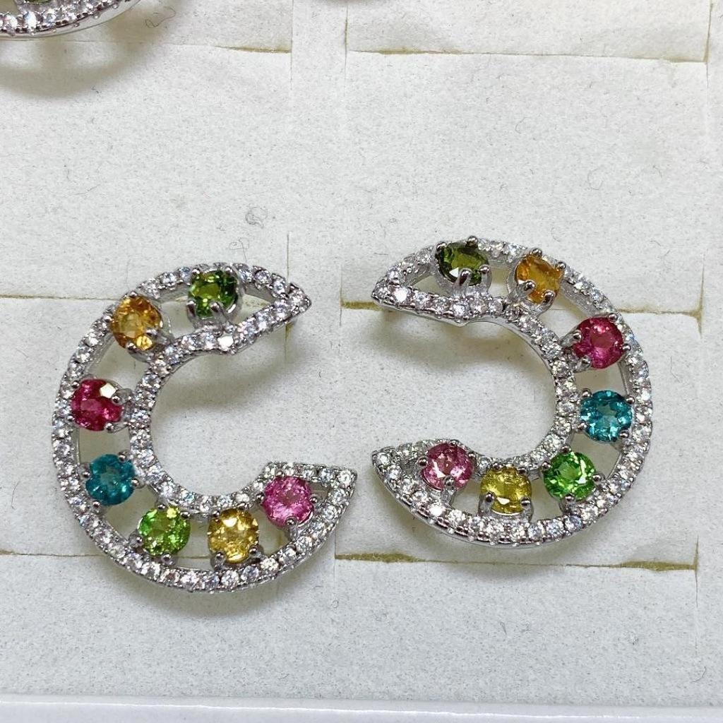 Korean-Japanese Style Tourmaline Stud Earrings in S925 Sterling Silver - Simple Women's Jewelry Gift.