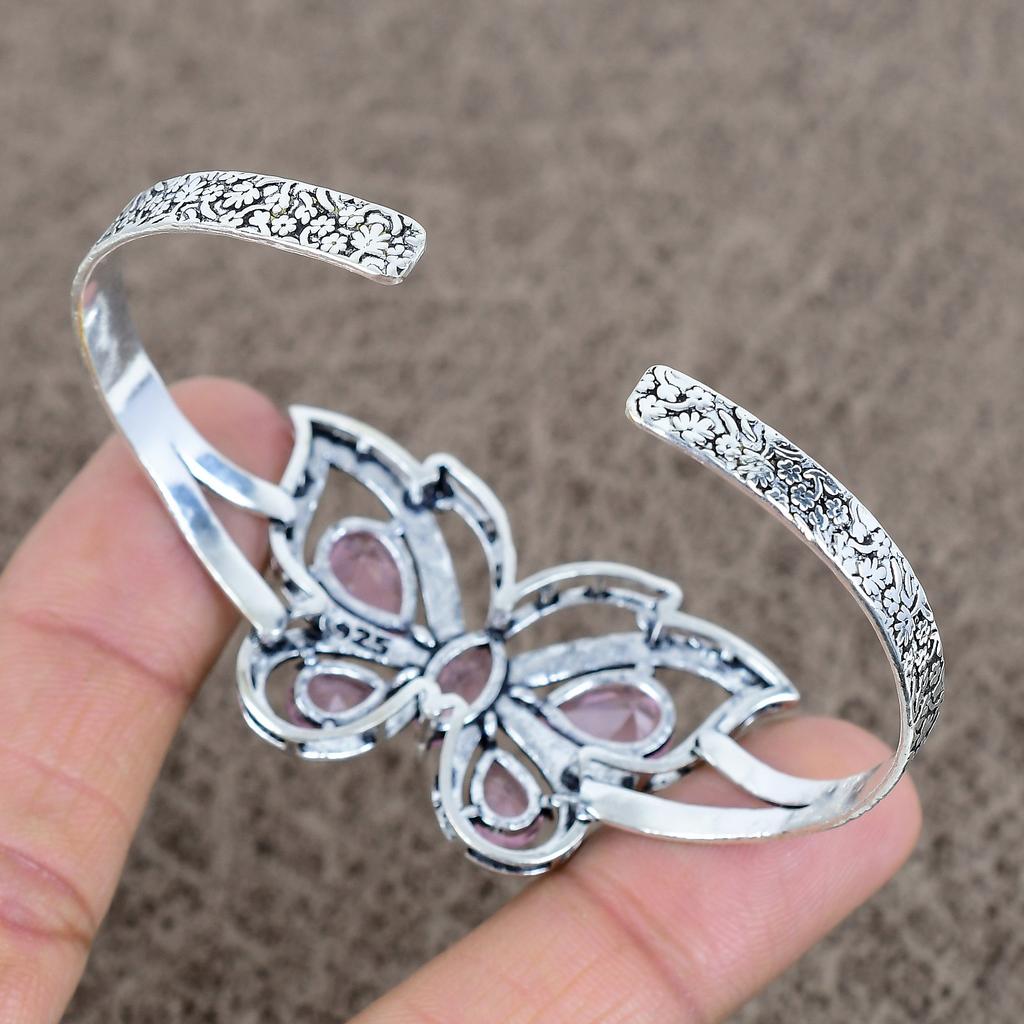 Pink Kunzite Gemstone Handmade 925 Sterling Silver Cuff Bangle Adjustable KKG-105