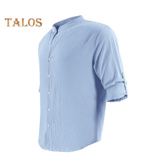 Men Cotton Shirt Long Sleeve Button Down Solid Color Shirt Henry Collar Casual Top with Adjustable Sleeves for Daily Wear Beach Vacation