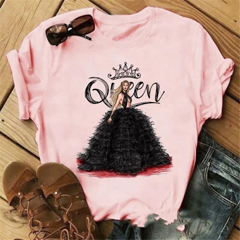 Pink Crown Queen Print Women T Shirt Short Sleeve O Neck Loose Women Tshirt Ladies Tee Shirt Tops Clothes Camisetas Mujer