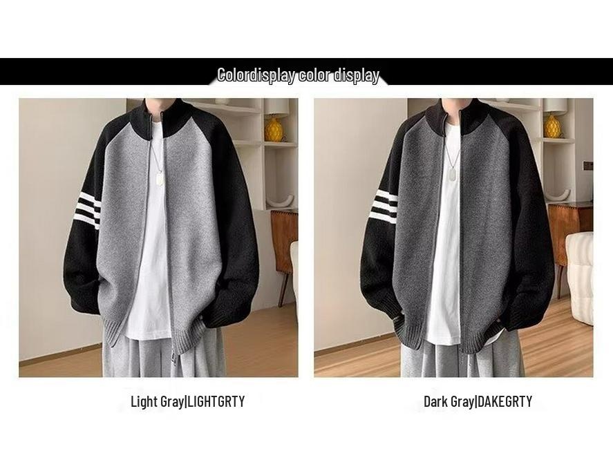 Unisex Lässiger Retro-Cardigan mit V-Ausschnitt, Doppelreißverschluss und drei Streifen