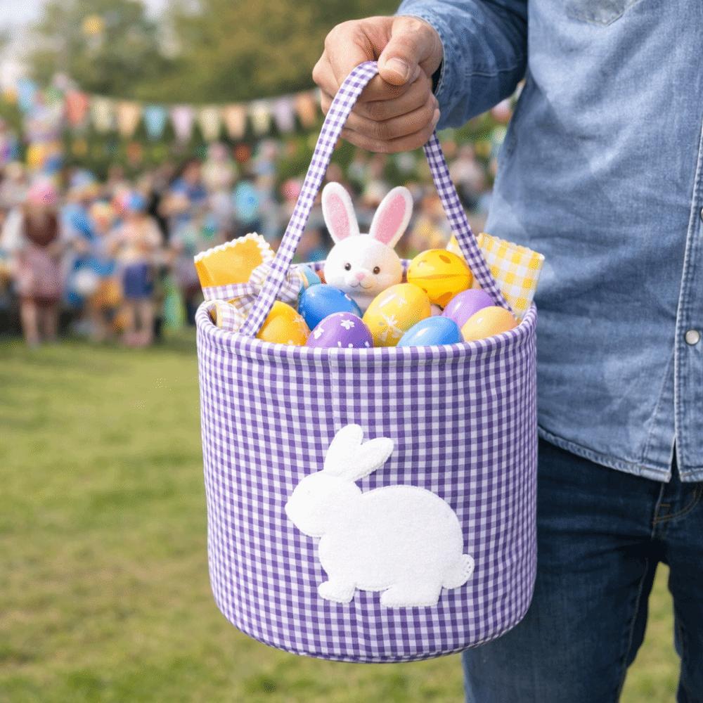 Cute Embroidery Easter Rabbit Basket Cloth Plaid Storage Bag Tote Style Decorative Easter Egg Hunt Basket Nursery Storage