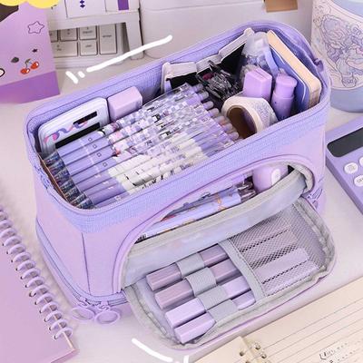 Student Double-layer Pencil Case Large Capacity Office Desktop Pencil Storage Box Stationery Organizer Oxford Bag
