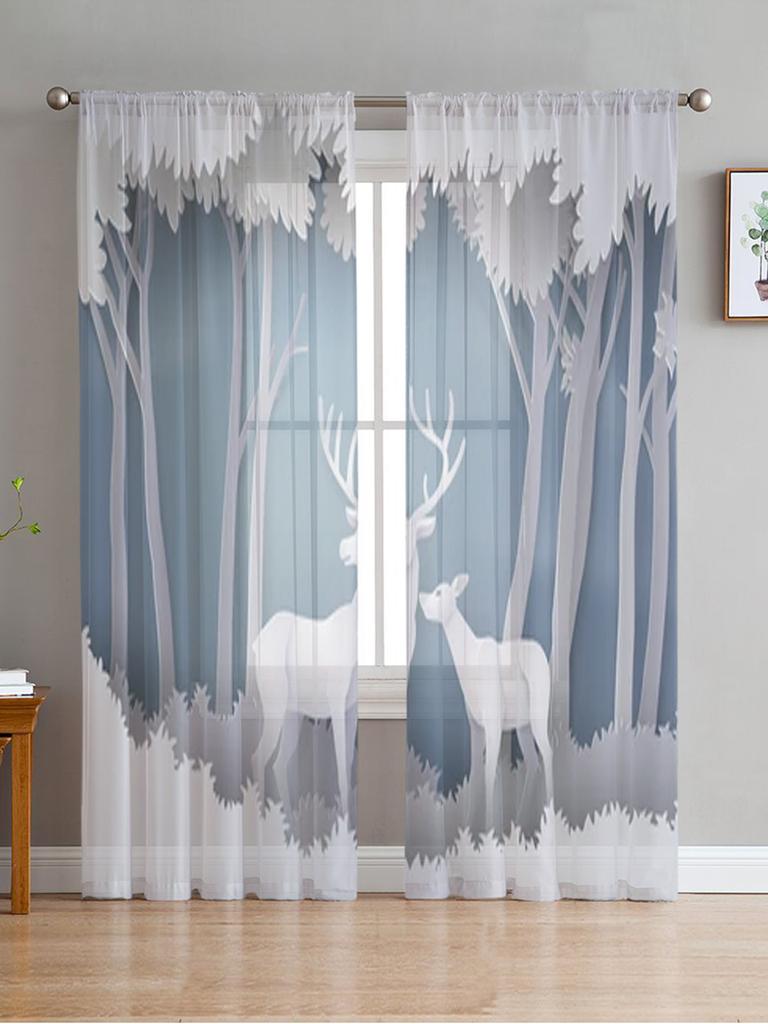 Christmas Elk Curtain Cartoon Xmas Forest Tree Deer Winter Snowflake Semi Living Room Voile Window Treatment Light Filtering Polyester Ideal For Great