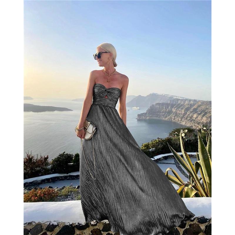 Ladies Summer New Sexy Chest Wrapped Bronzing Party Dress Solid Color Elegant Casual Big Swing Decoration Design Long Skirt